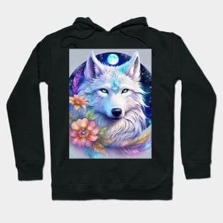 Mystical Wolf with Flowers, Full Moon, Colorful Hoodie